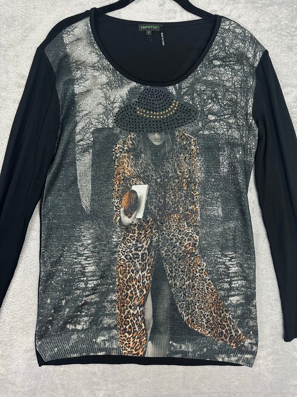 Tricotto Mixed Media Rhinestone Leopard Woman Tunic Top Y2K Glam Graphic Art - S